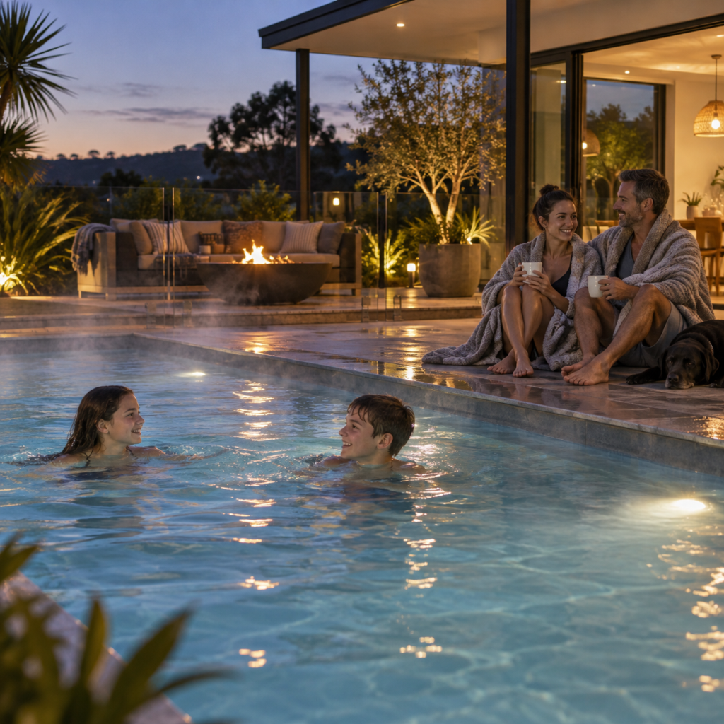 Family enjoying a heated backyard swimming pool during a cool Australian evening