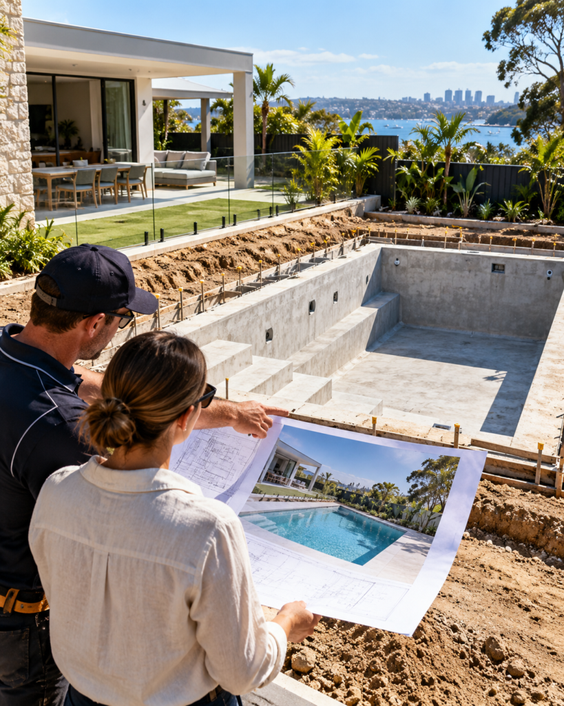 Swimming pool construction project at a modern Sydney home with builder reviewing plans beside the pool site.