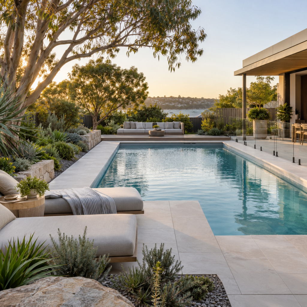 Modern Australian swimming pool surrounded by carefully planned low-maintenance landsc