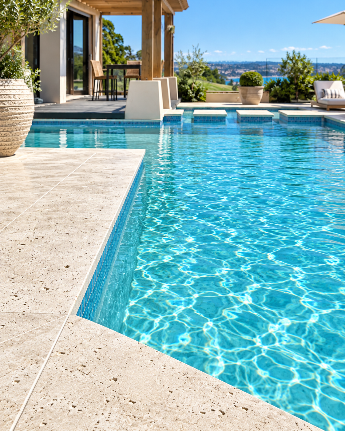 Premium travertine pool tile material beside a swimming pool