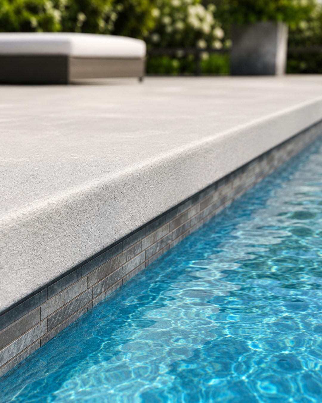 Rebated bull nose pool coping profile with a rounded edge and rebated underside