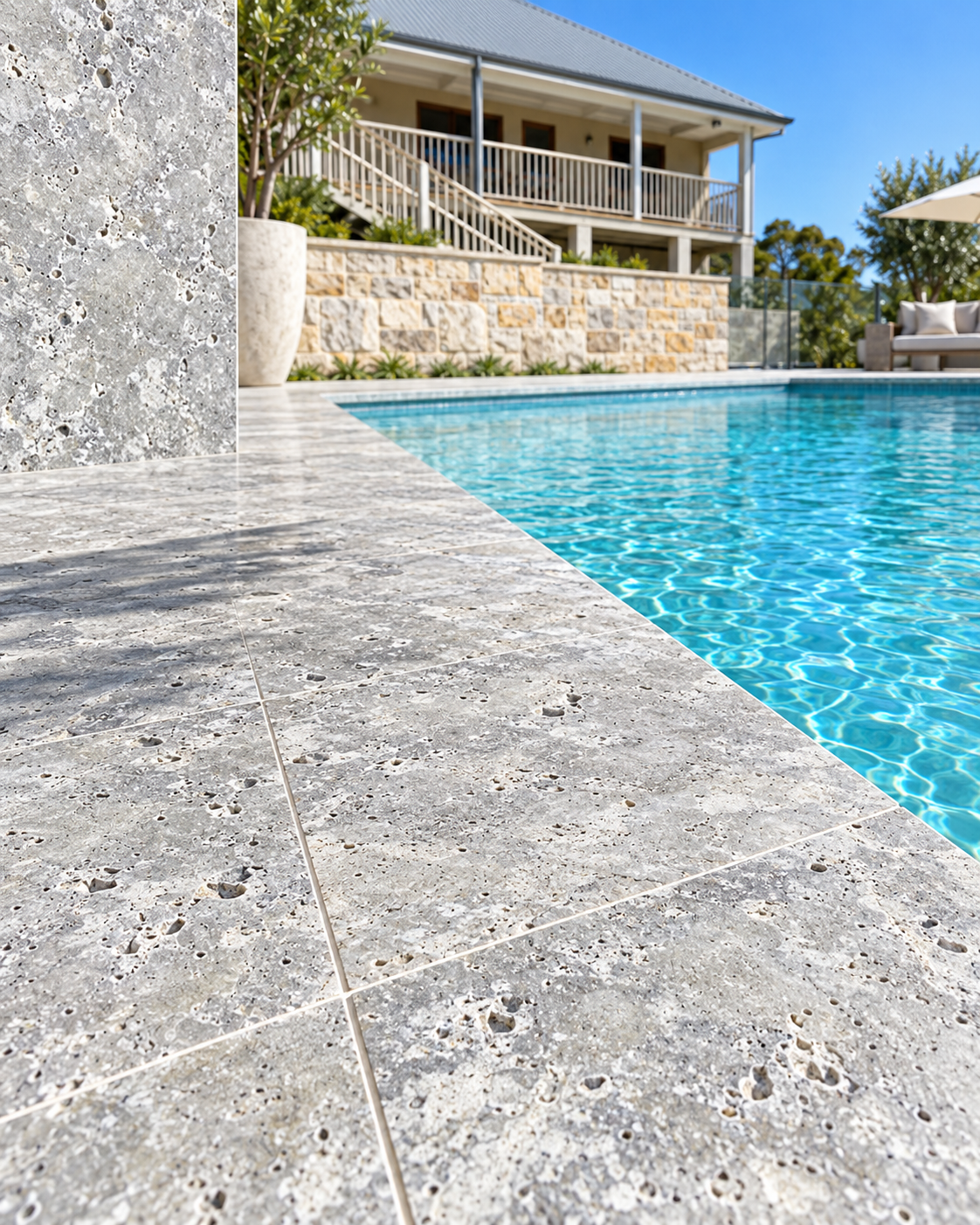 Silver travertine tumbled pool tile material beside a swimming pool