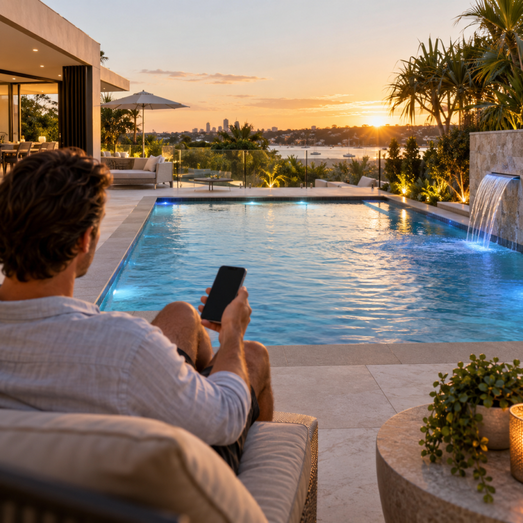 Homeowner using a smartphone to manage smart pool automation beside a modern Australian swimming pool