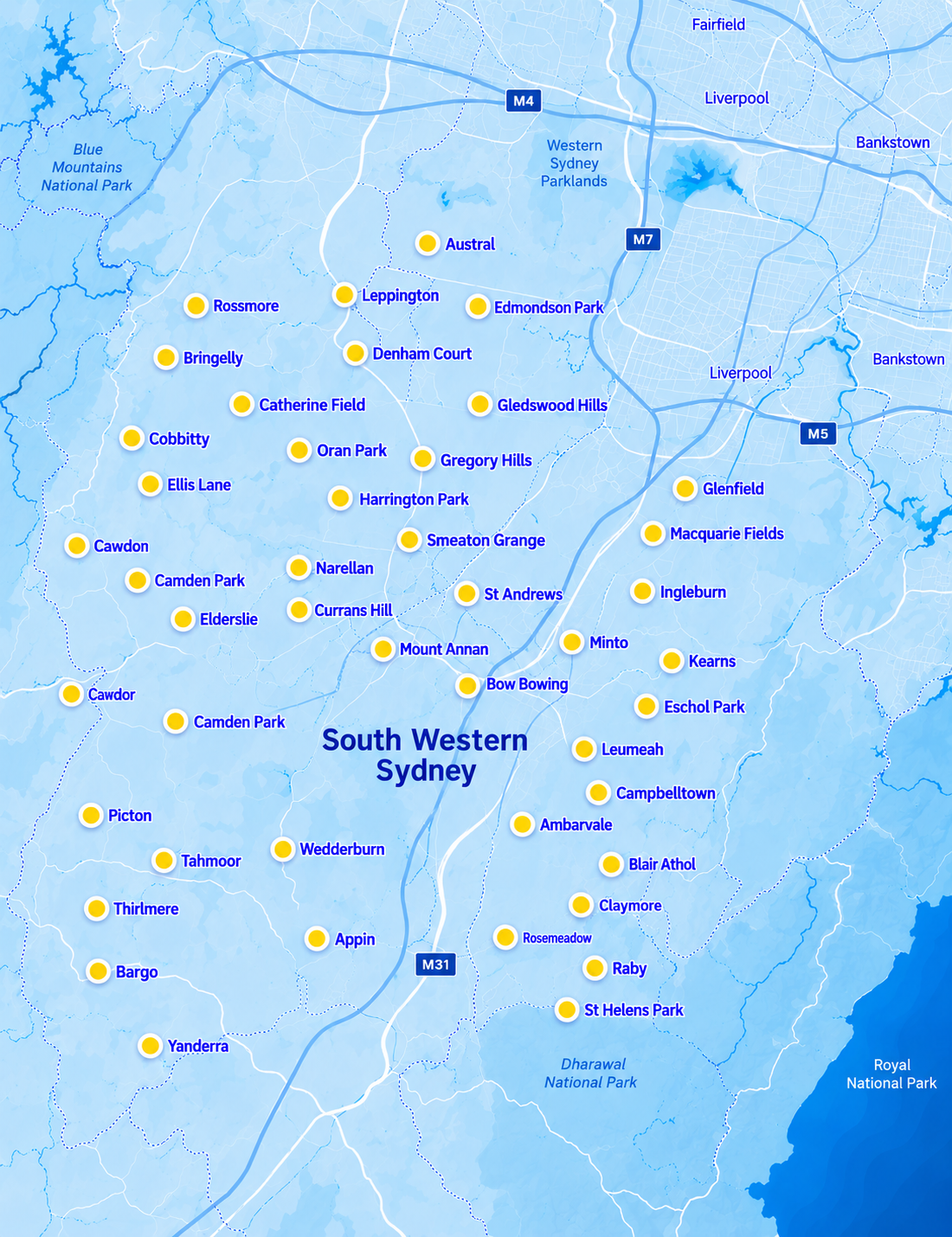 South Western Sydney service area map showing Blue Haven pool building locations from Austral and Oran Park to Campbelltown, Tahmoor and Bargo