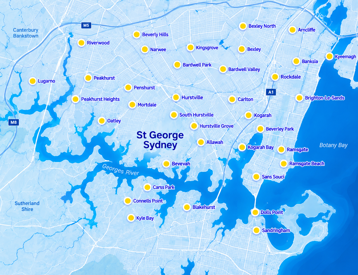 St George Sydney service area map showing Blue Haven pool building locations across Hurstville, Kogarah, Sans Souci, Connells Point and surrounding suburbs