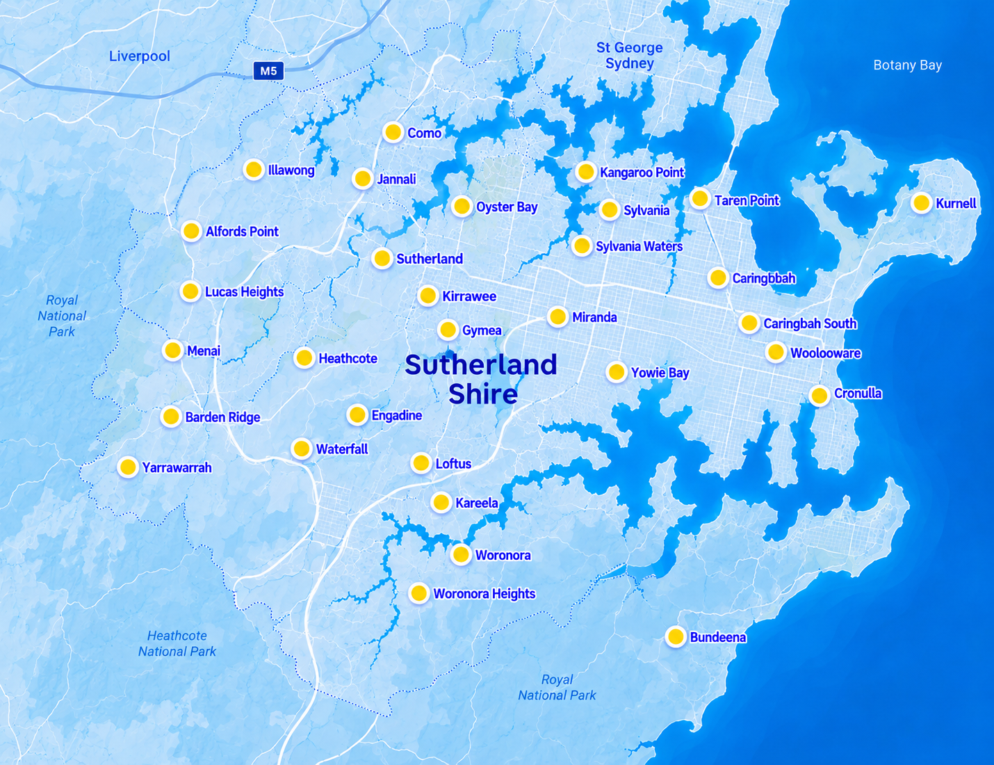 Sutherland Shire service area map showing Blue Haven pool building locations across Cronulla, Caringbah, Miranda, Sutherland, Menai and surrounding suburbs