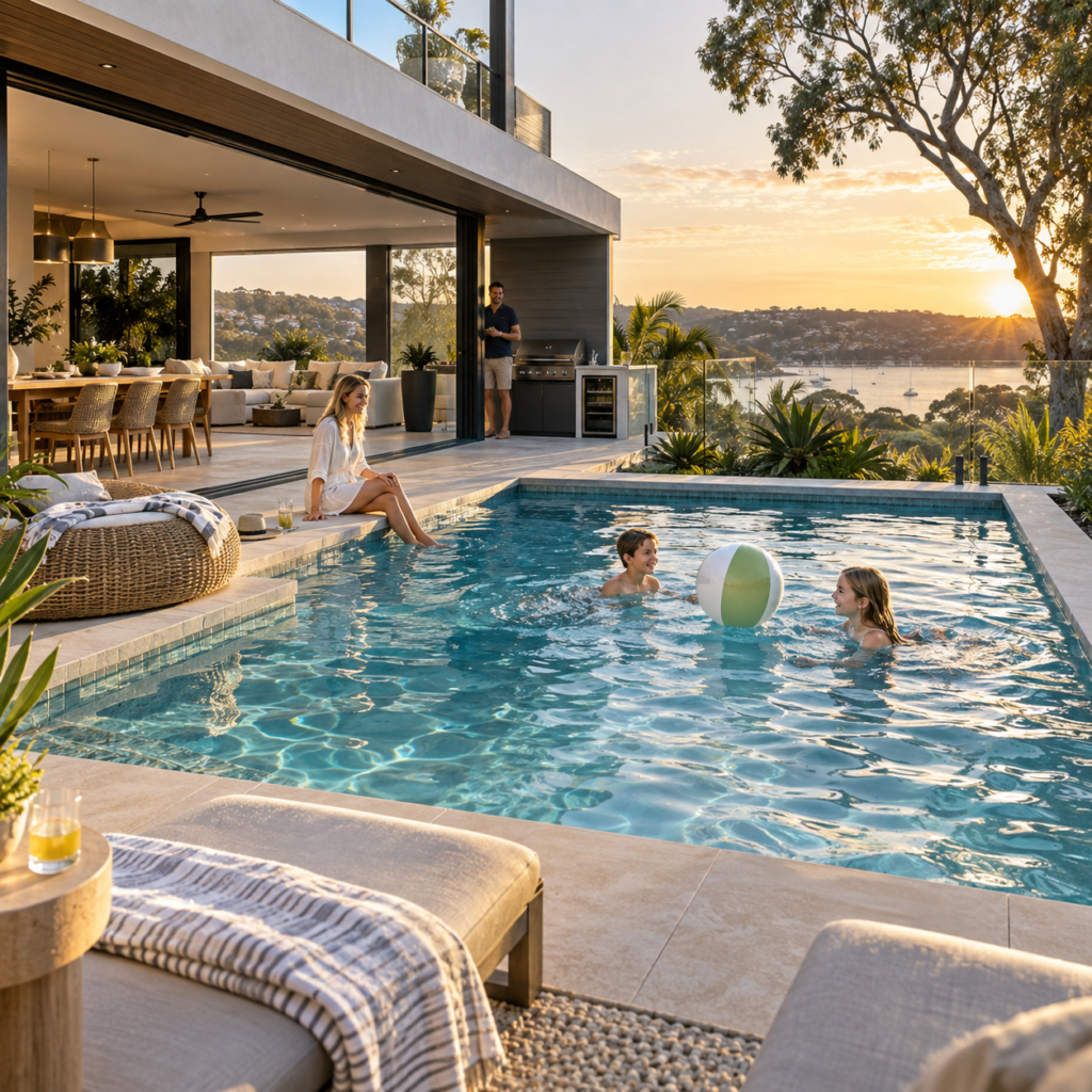 Family enjoying a modern swimming pool designed for relaxed Australian outdoor living