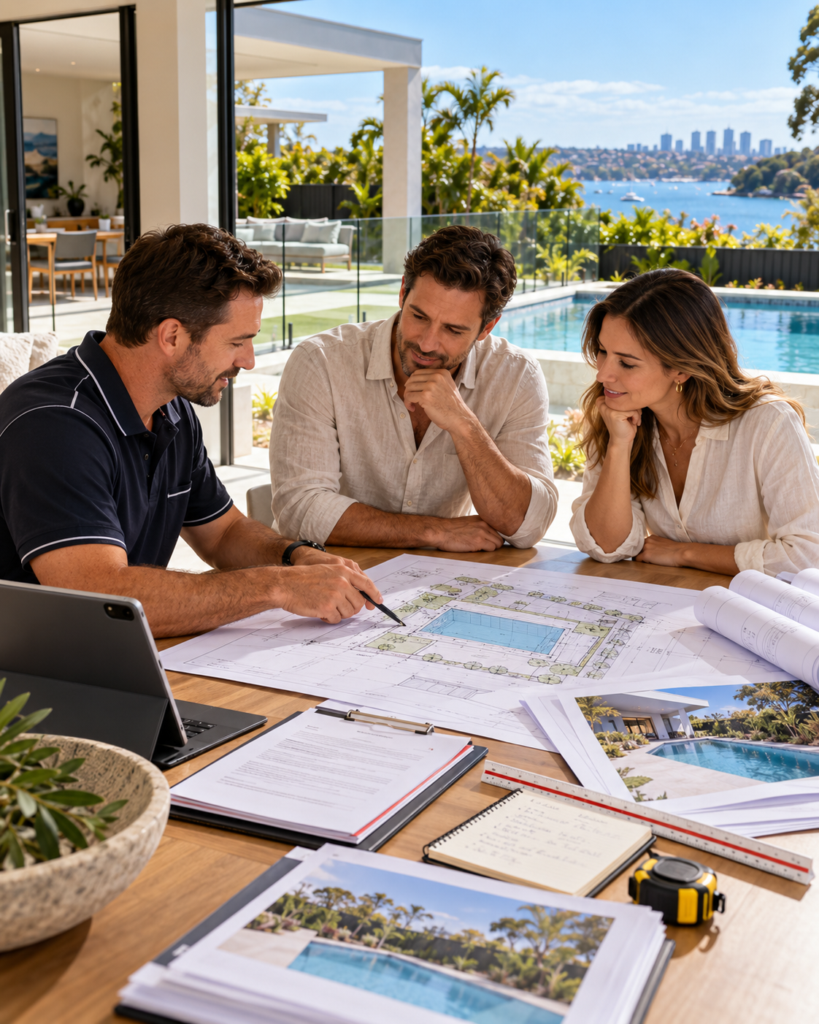 Pool consultant reviewing engineering plans and swimming pool approvals with homeowners at a Sydney property.