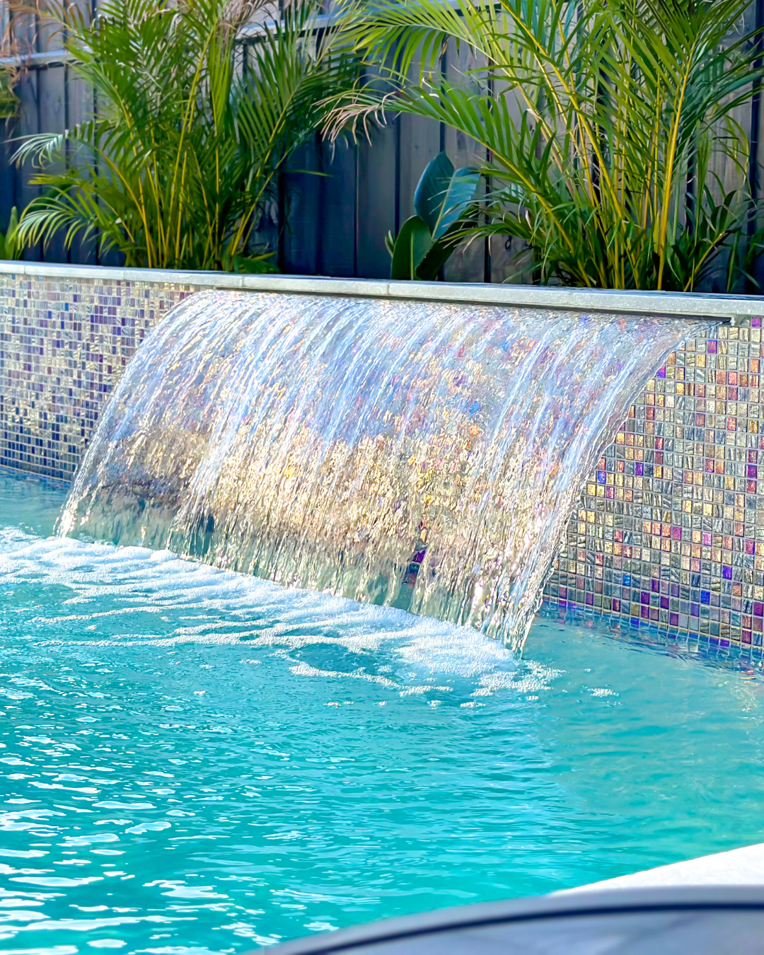 Swimming pool feature wall finished with architectural tiles by Blue Haven Pools