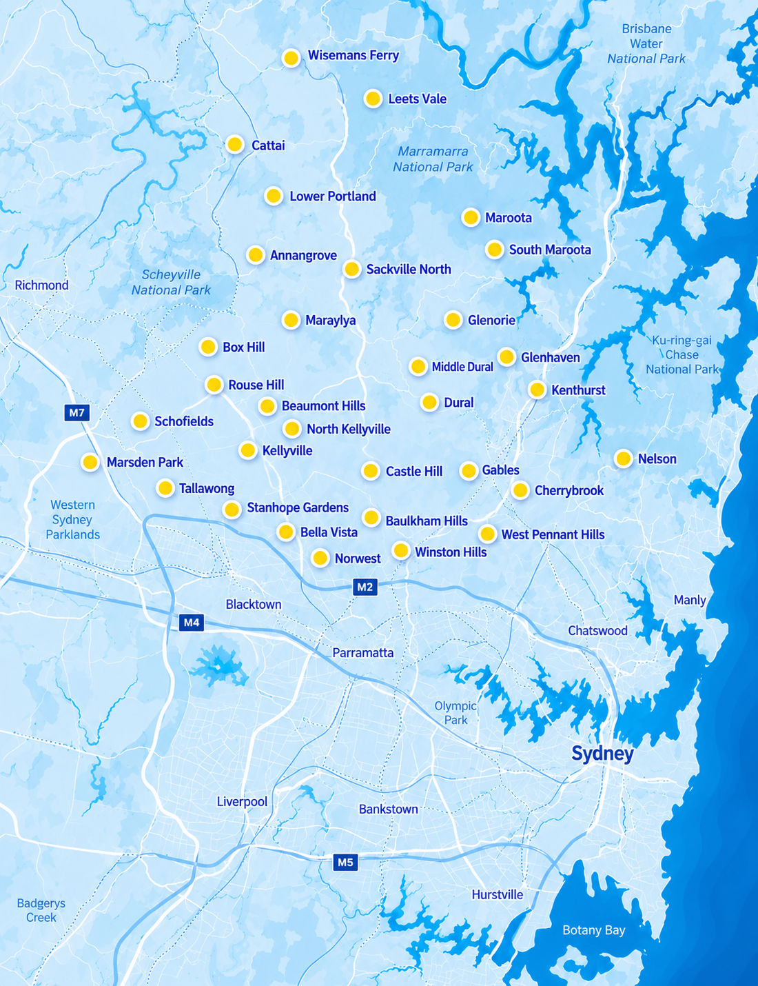 The Hills District map showing suburbs and communities across north-west Sydney