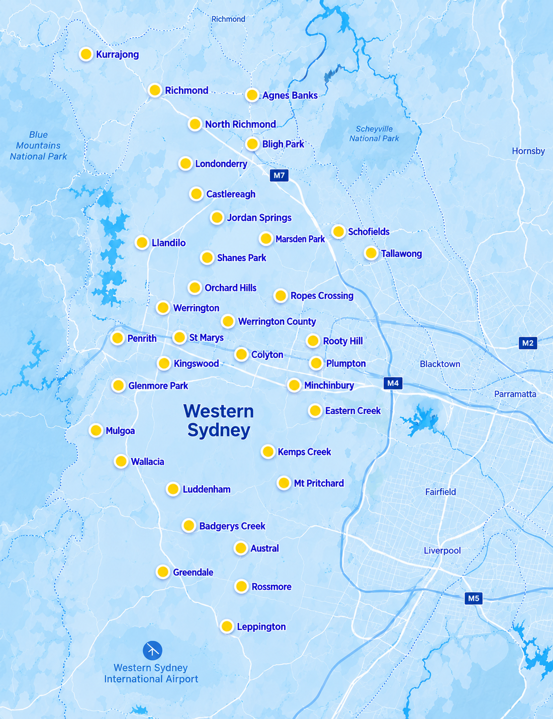Western Sydney service map showing Blue Haven pool building locations and suburbs