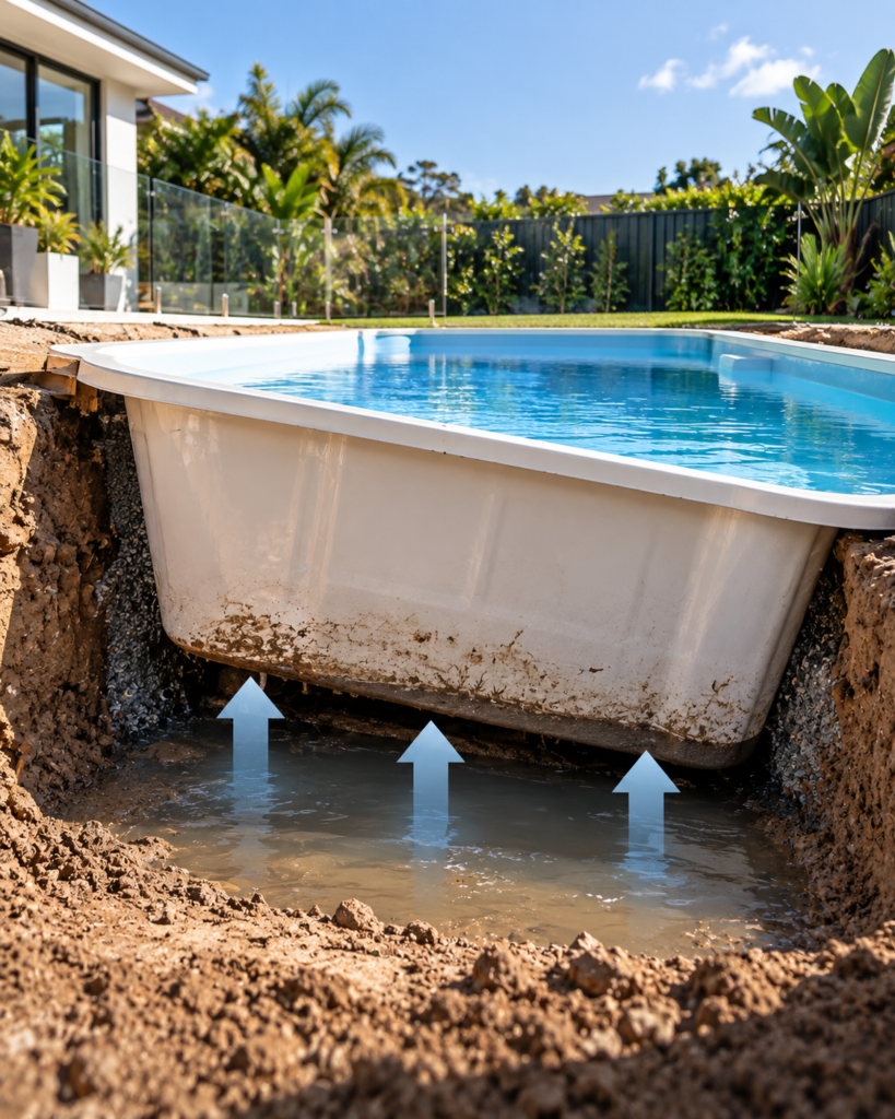 Fibreglass swimming pool lifting due to groundwater and hydrostatic pressure beneath the pool shell
