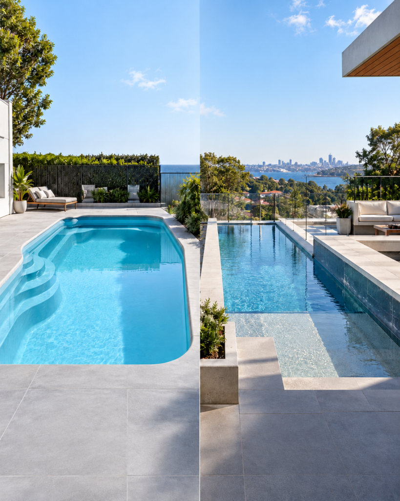 Side-by-side comparison of a fibreglass pool and a custom concrete pool at modern Sydney homes