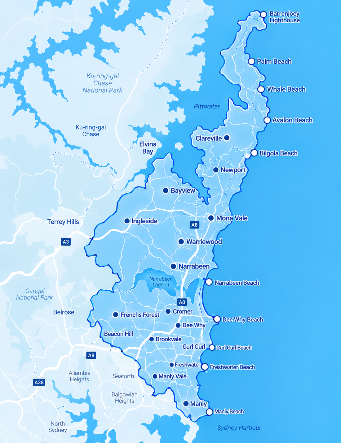 Northern Beaches map showing suburbs from Palm Beach to Manly