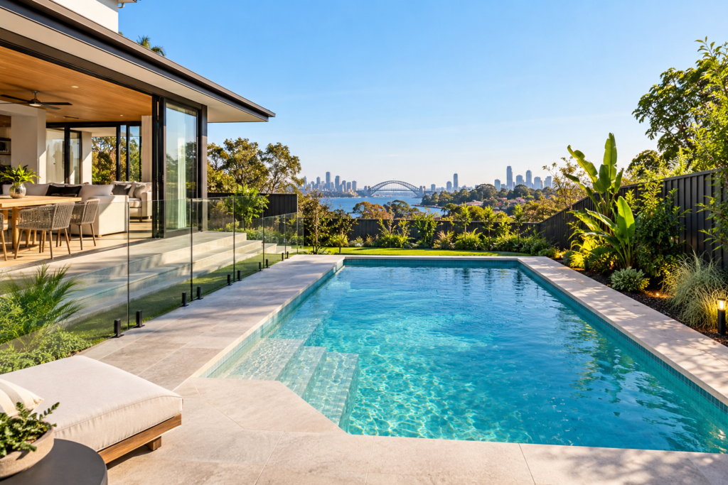 Modern swimming pool in a Sydney backyard showing how a pool can be designed around the home, landscaping and available property space.