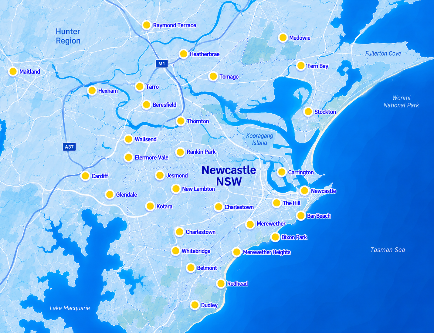 Newcastle NSW service area map showing Blue Haven pool building locations