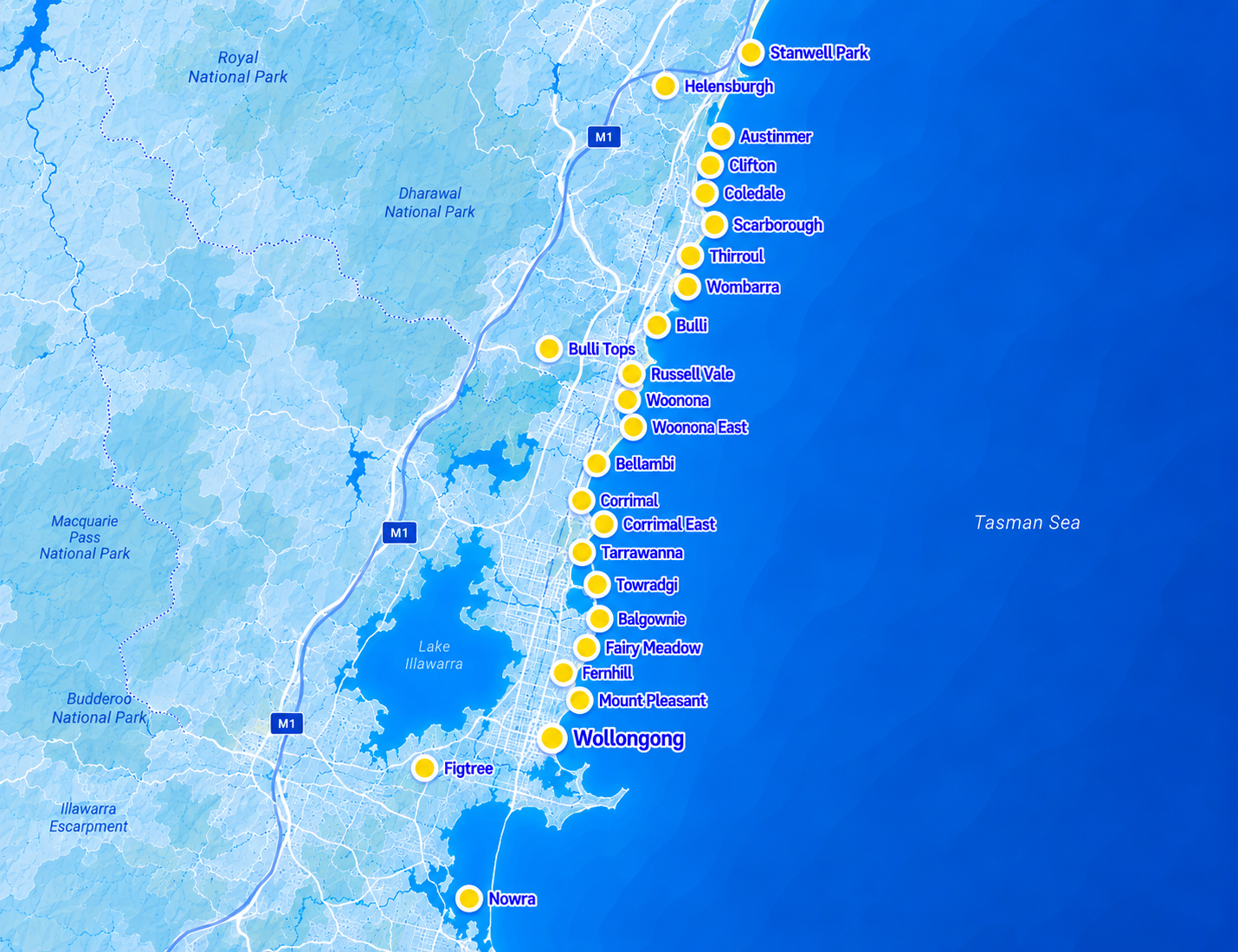 South Coast NSW service area map showing Blue Haven pool building locations