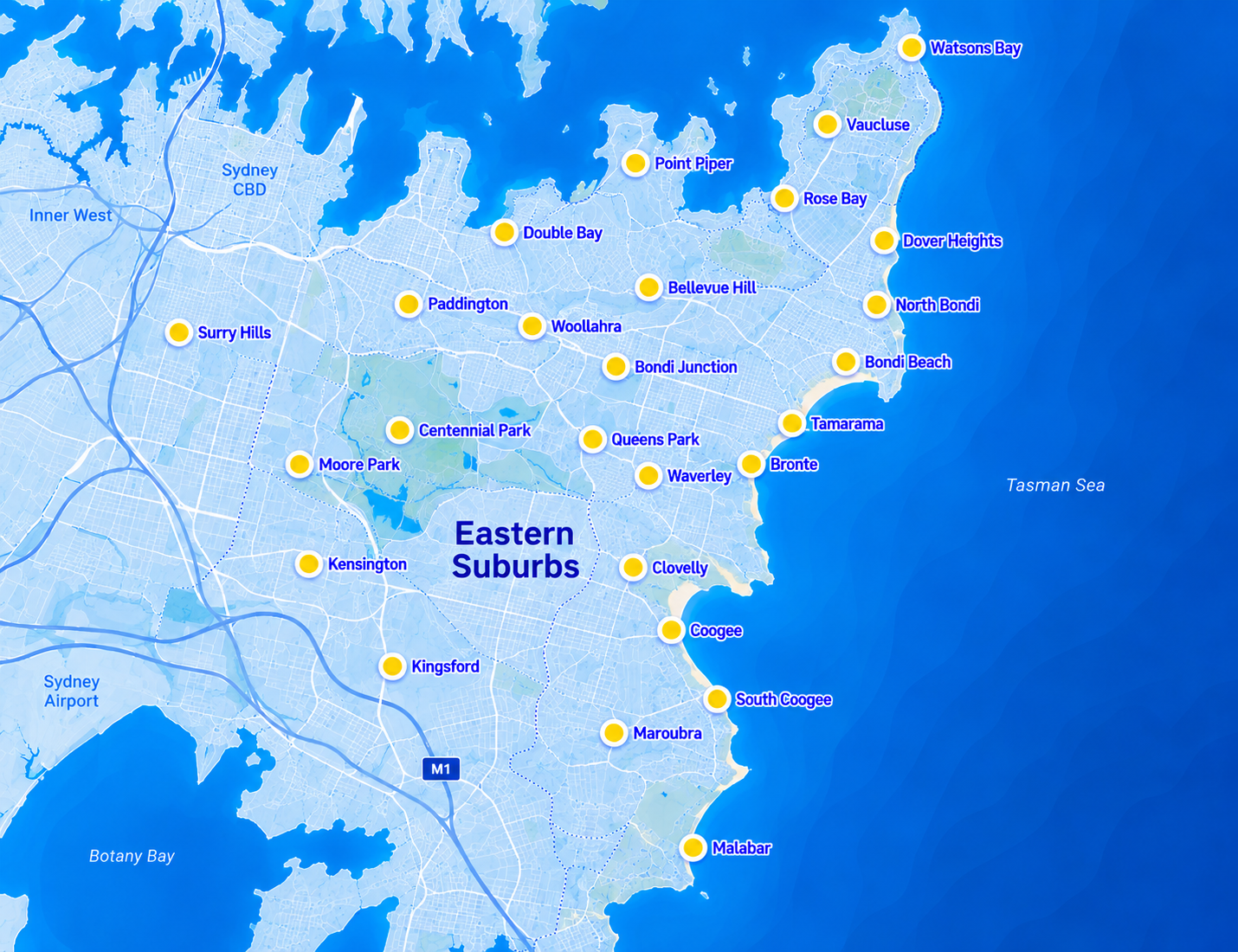 Eastern Suburbs Sydney service area map showing Blue Haven pool building locations and suburbs
